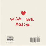 Book back cover with 'With love, Madina' text and a heart symbol on a beige background.
