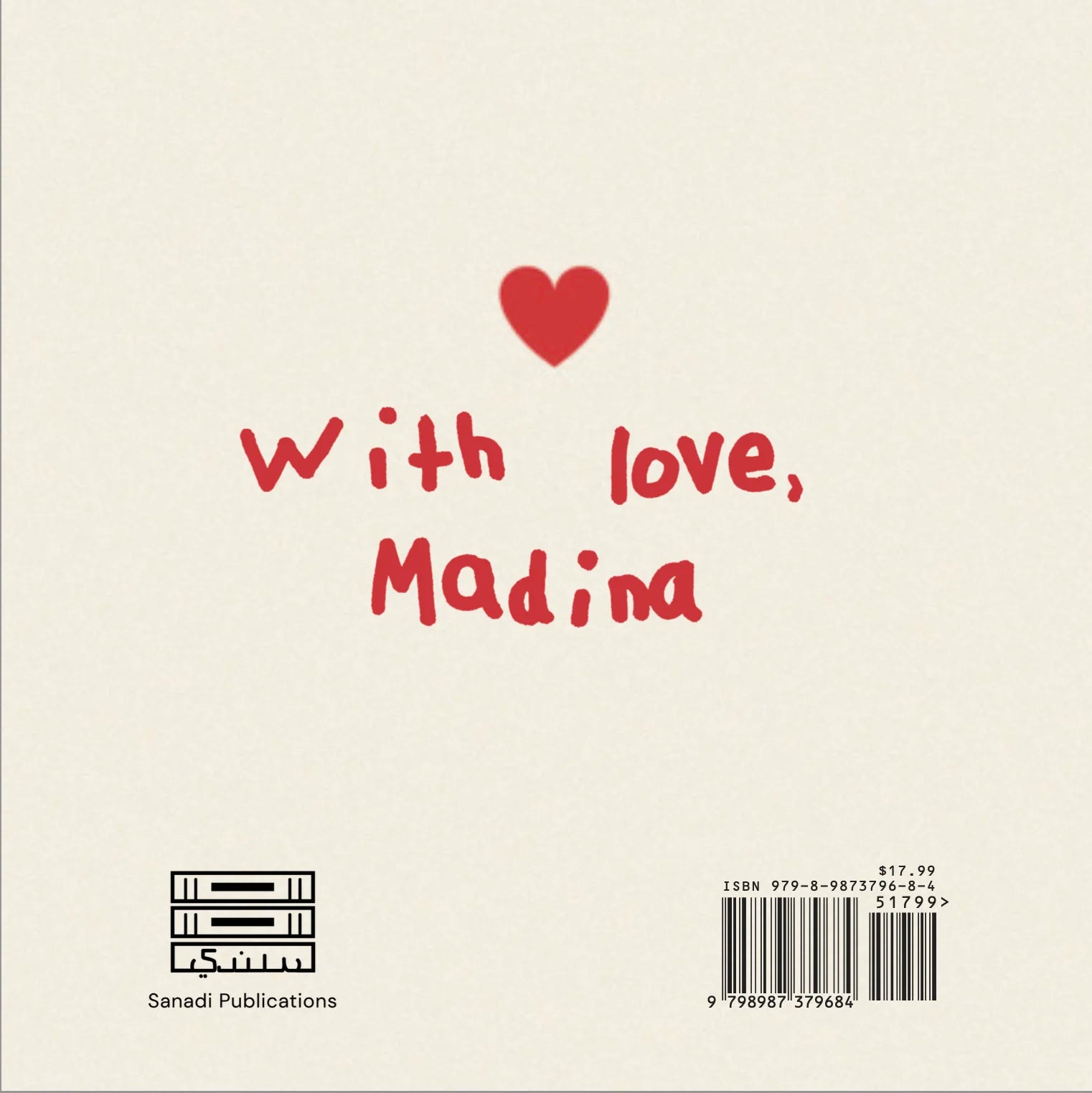 Book back cover with 'With love, Madina' text and a heart symbol on a beige background.