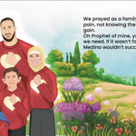 Family in red with heart symbols against a scenic background By Sanadi Publications written by Rola Fahs illustrations by Tatheer Farwa