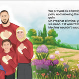Family in red with heart symbols against a scenic background By Sanadi Publications written by Rola Fahs illustrations by Tatheer Farwa