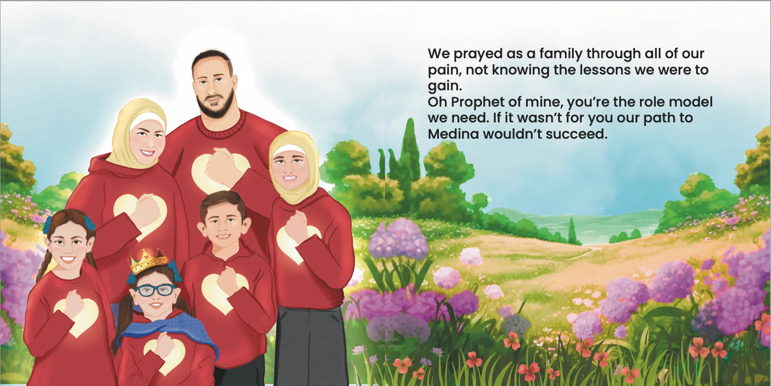 Family in red with heart symbols against a scenic background By Sanadi Publications written by Rola Fahs illustrations by Tatheer Farwa