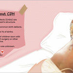 Baby lying on a bed with text about Congenital Heart Defects on a pink background By Sanadi Publications written by Rola Fahs illustrations by Tatheer Farwa