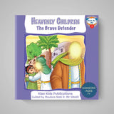 Children's book titled 'Heavenly Children: The Brave Defender' by Kisa Kids Publications on a gray background