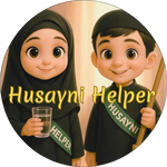 Cartoon characters wearing black outfits with 'Husayni Helper' sashes, holding a glass and a broom.