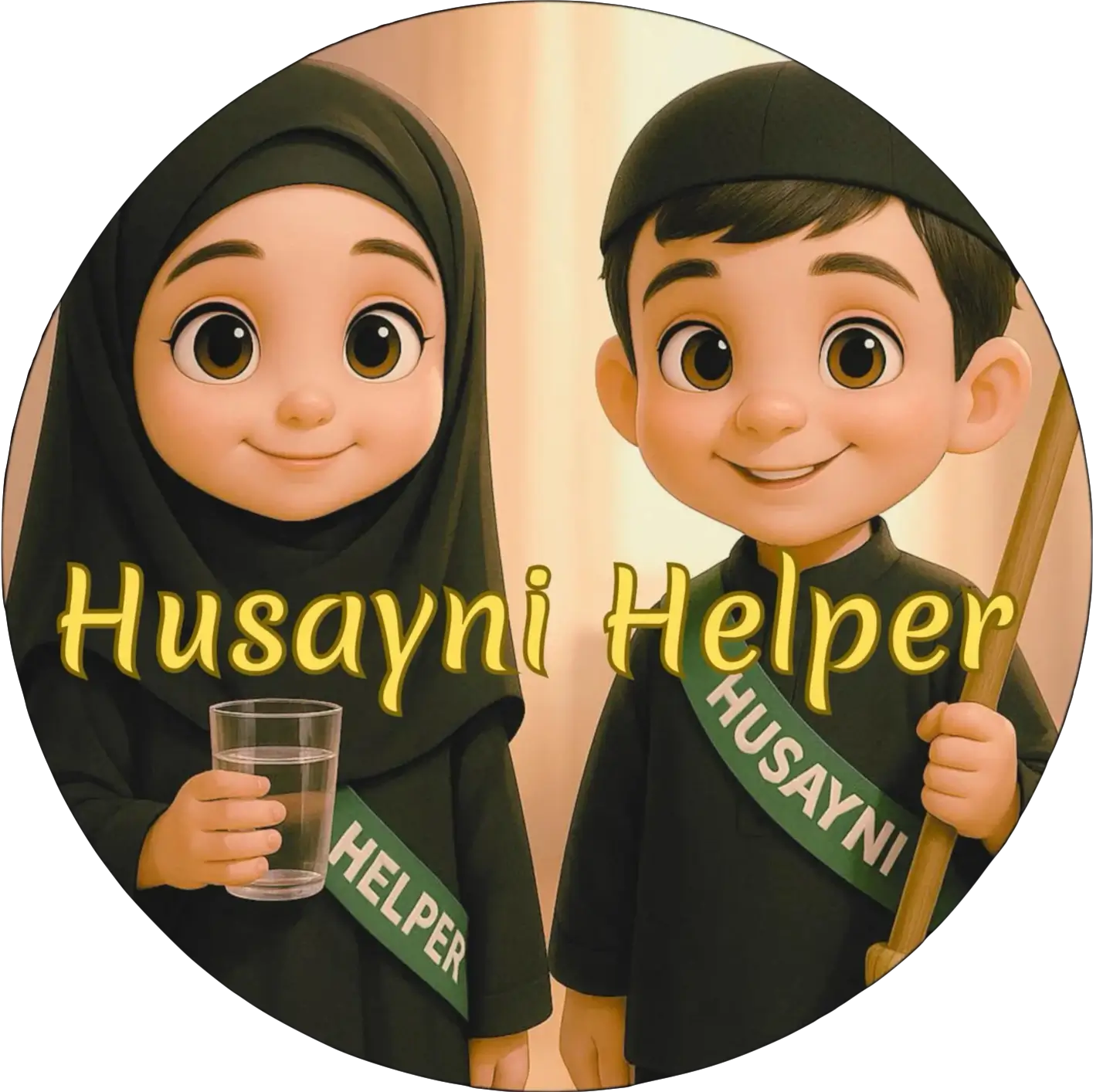 Cartoon characters wearing black outfits with 'Husayni Helper' sashes, holding a glass and a broom.