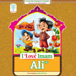 Book cover of 'I Love Imam Ali' with two characters holding a banner on a decorative background.