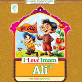 Book cover of 'I Love Imam Ali' with two characters holding a banner on a decorative background.