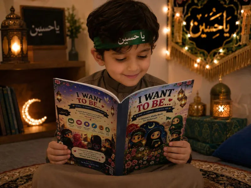 A young boy wearing a green headband with white Arabic text sits cross-legged indoors, reading a colorful book titled 'I WANT TO BE.