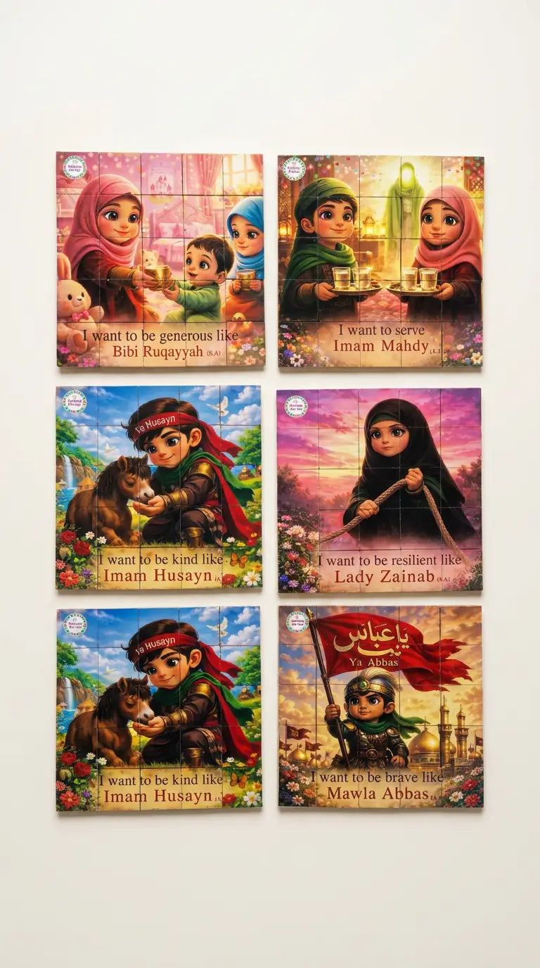 A boxed children's puzzle set with a bright blue box labeled '6 PUZZLES IN 1' and a green drawstring pouch printed with 'The Budding Mu'min,' shown on a plain light background.