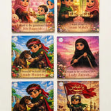 A boxed children's puzzle set with a bright blue box labeled '6 PUZZLES IN 1' and a green drawstring pouch printed with 'The Budding Mu'min,' shown on a plain light background.