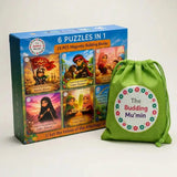 A boxed children's puzzle set with a bright blue box labeled '6 PUZZLES IN 1' and a green drawstring pouch printed with 'The Budding Mu'min,' shown on a plain light background.