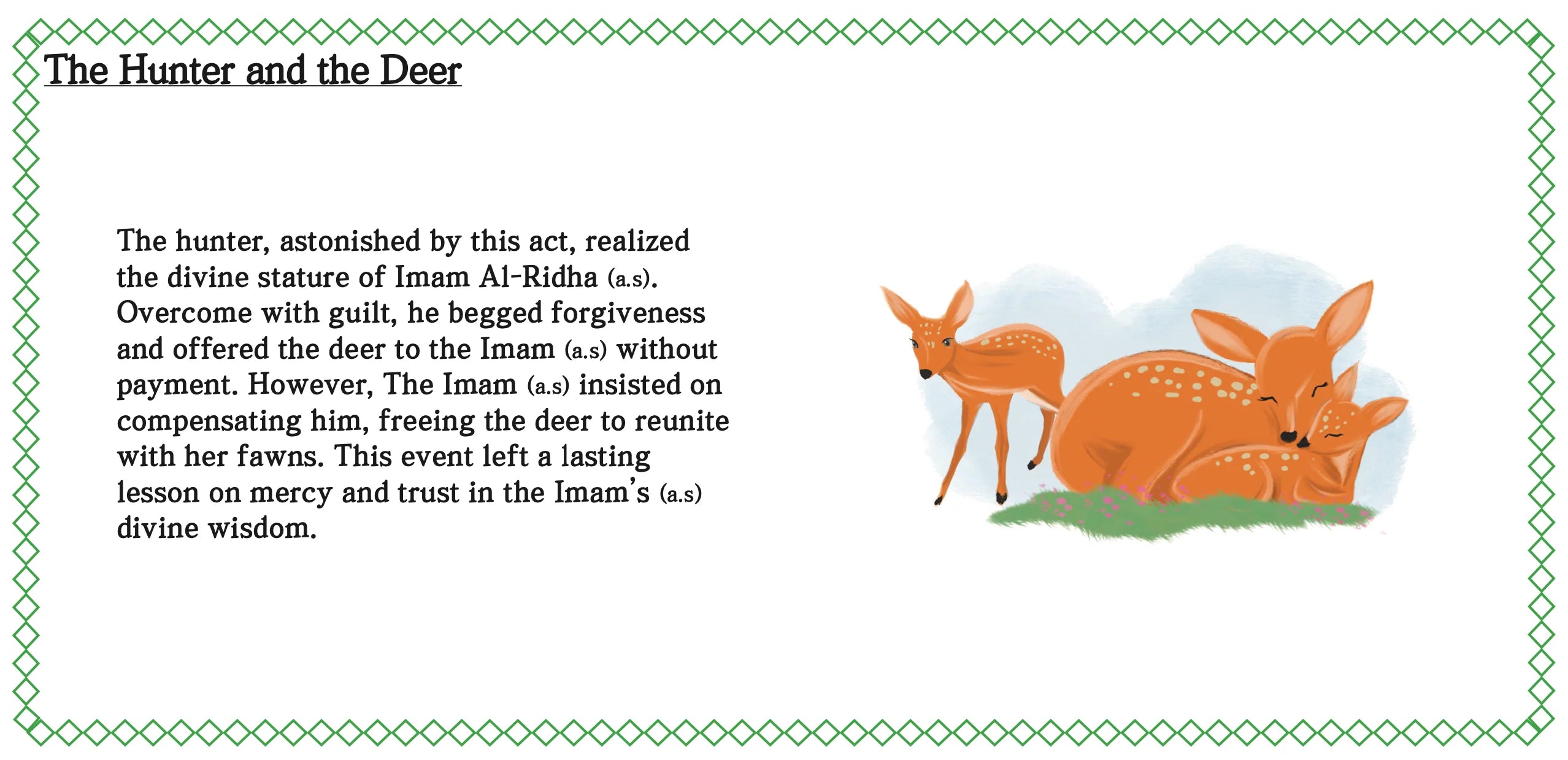 Illustration of a deer and a hunter with text about Imam Al-Ridha's forgiveness. By Sanadi Publications written by Rola Fahs illustrations by Tatheer Farwa
