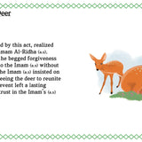 Illustration of a deer and a hunter with text about Imam Al-Ridha's forgiveness. By Sanadi Publications written by Rola Fahs illustrations by Tatheer Farwa