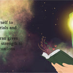 Imam Ali Al Ridha holding a glowing Quran with a starry night background and text about committing oneself to Allah. By Sanadi Publications written by Rola Fahs illustrations by Tatheer Farwa
