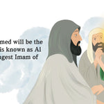 Illustration of a group of people with a glowing figure, text about Muhammad being the next Imam. By Sanadi Publications written by Rola Fahs illustrations by Tatheer Farwa