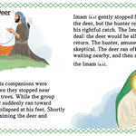 Illustration of a religious story with characters and text about Imam Al-Ridha and a deer. by Sanadi Publications written by Rola Fahs illustrations by Tatheer Farwa