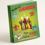 The Hero of Ghadeer Story & Activity Book, featuring a green cover with colorful cartoon illustrations of historical figures and stars, shown standing upright on a light beige background.