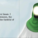 Imam Ali with a light source and text about Ali on a light blue background By Sanadi Publications written by Rola Fahs illustrations by Tatheer Farwa