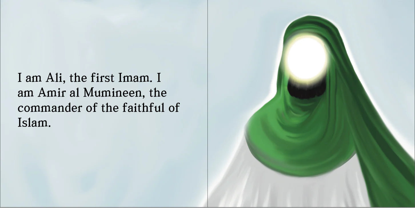Imam Ali with a light source and text about Ali on a light blue background By Sanadi Publications written by Rola Fahs illustrations by Tatheer Farwa