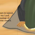 Imam Ali Zayn al-Abideen in prayer position with text about prayer blessings on a beige background By Sanadi Publications written by Rola Fahs illustrations by Tatheer Farwa