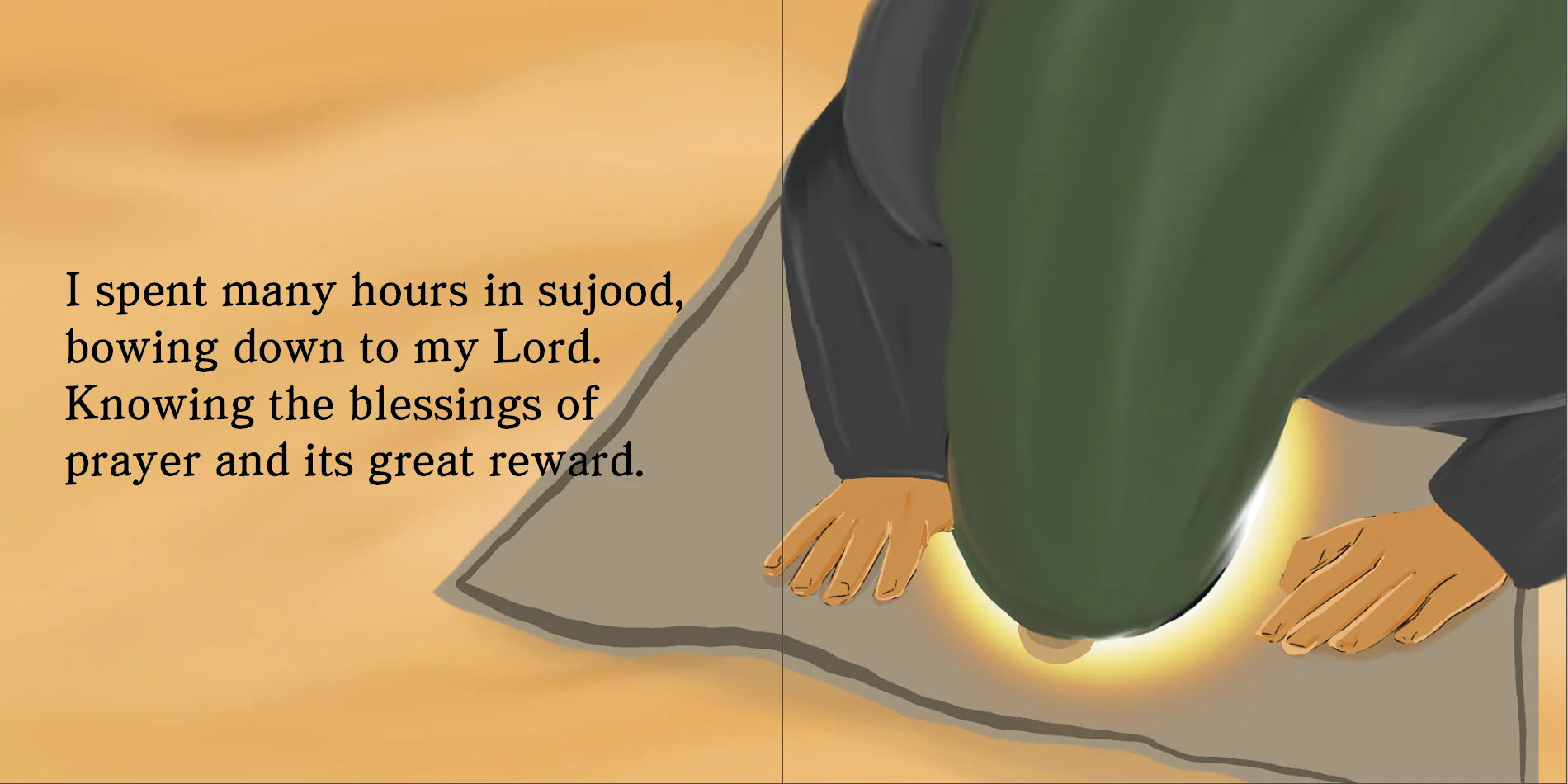 Imam Ali Zayn al-Abideen in prayer position with text about prayer blessings on a beige background By Sanadi Publications written by Rola Fahs illustrations by Tatheer Farwa
