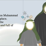 Illustration of Imam Ali Zayn al-Abideen in a black robe and a child in a green robe with text about Muhammad. By Sanadi Publications written by Rola Fahs illustrations by Tatheer Farwa
