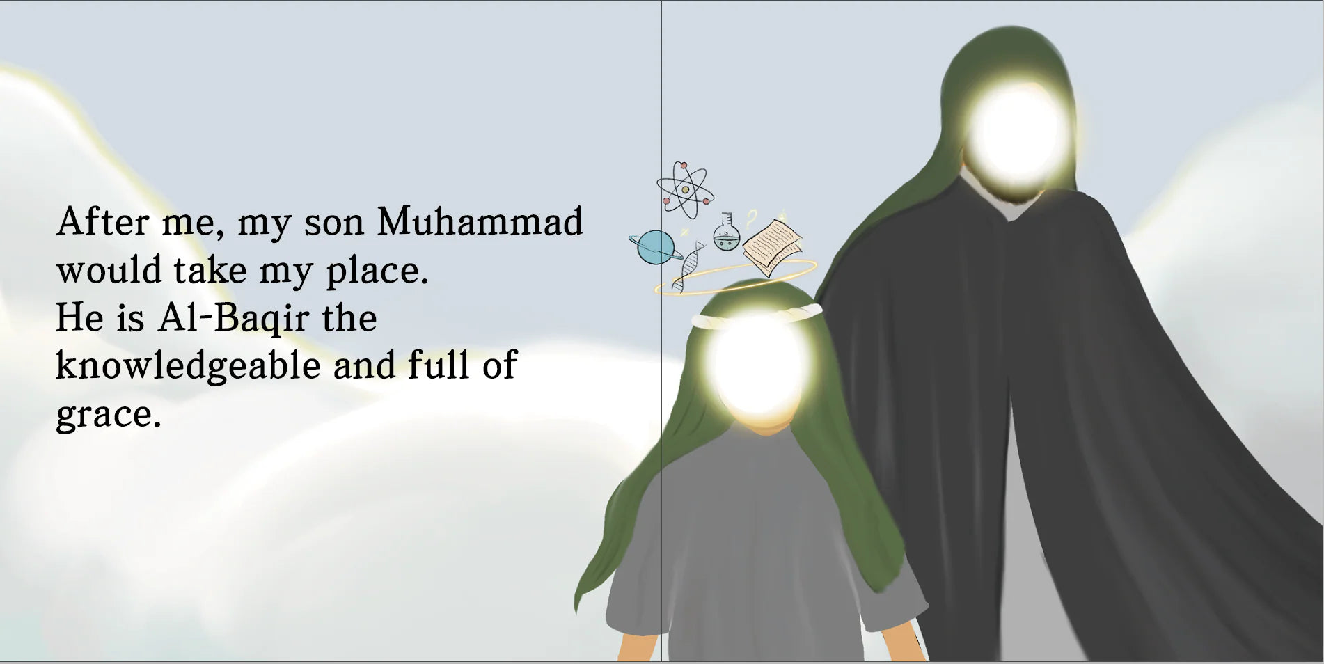 Illustration of Imam Ali Zayn al-Abideen in a black robe and a child in a green robe with text about Muhammad. By Sanadi Publications written by Rola Fahs illustrations by Tatheer Farwa