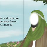 Illustration of Imam Hasan in a green headscarf with text about being the second Imam, set against a scenic background. By Sanadi Publications written by Rola Fahs illustrations by Tatheer Farwa