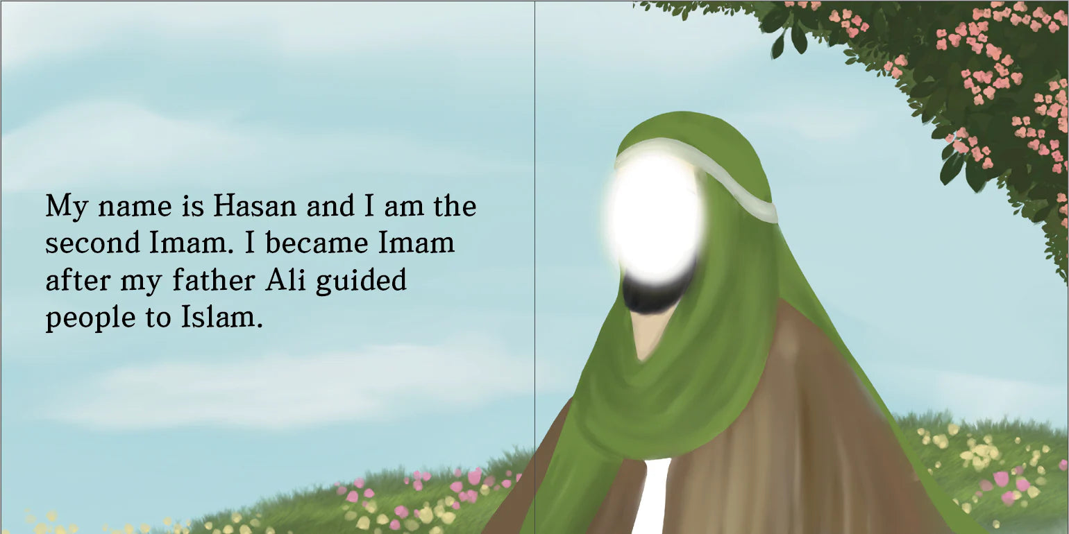 Illustration of Imam Hasan in a green headscarf with text about being the second Imam, set against a scenic background. By Sanadi Publications written by Rola Fahs illustrations by Tatheer Farwa