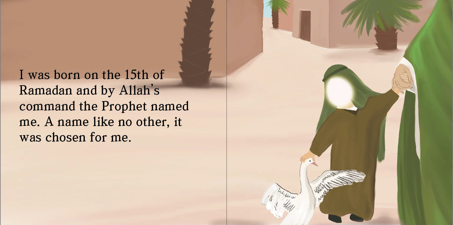 Illustration of the Holy Prophet in a green hijab with Imam Hasan as a child, set against a desert landscape with palm trees. By Sanadi Publications written by Rola Fahs illustrations by Tatheer Farwa