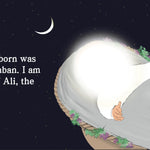 Illustration of a child being born with text about Husayn, son of Ali, the third Imam. by Sanadi Publications written by Rola Fahs illustrations by Tatheer Farwa