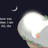 Illustration of a child being born with text about Husayn, son of Ali, the third Imam. by Sanadi Publications written by Rola Fahs illustrations by Tatheer Farwa