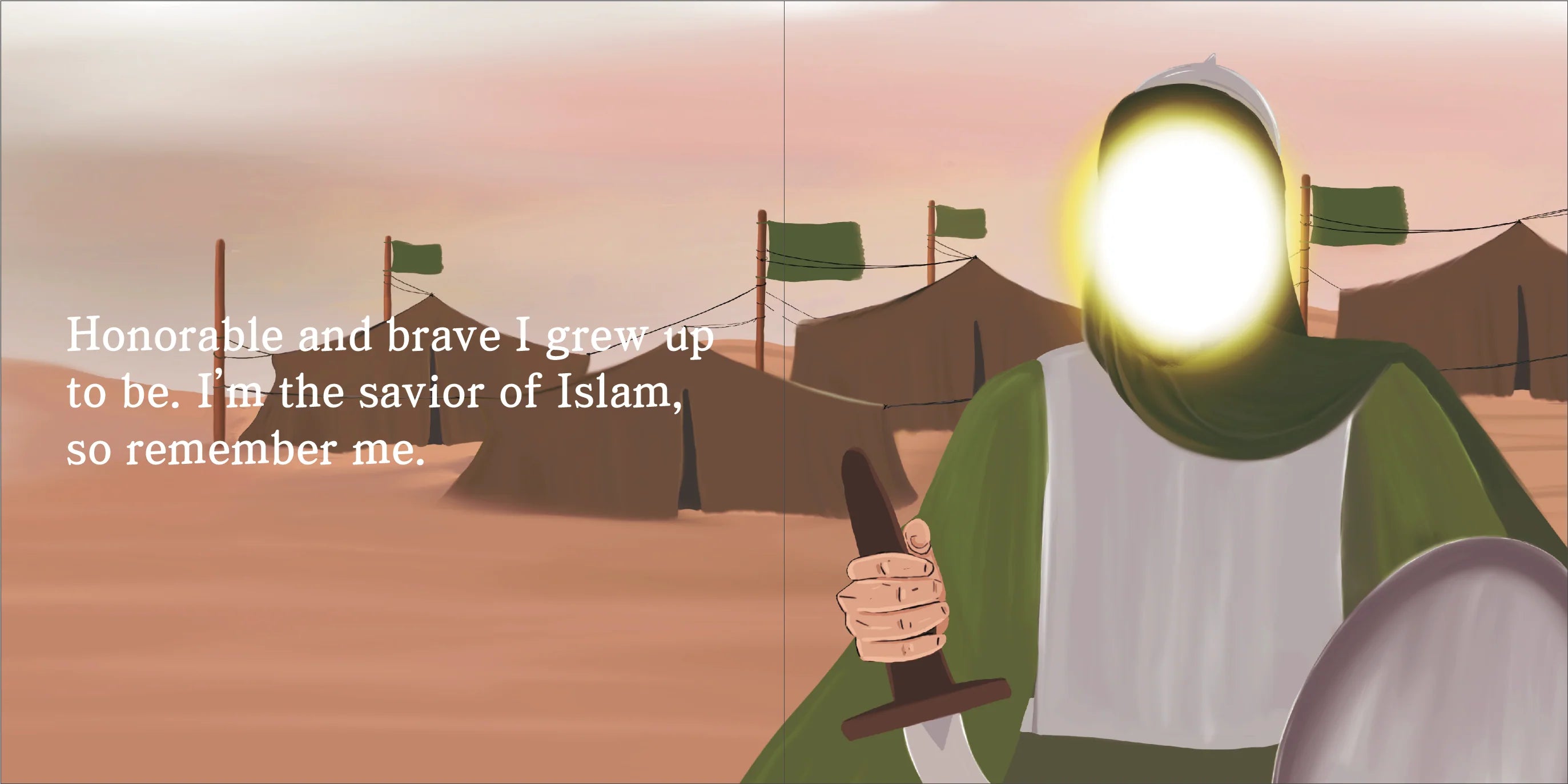 Imam Husayn in warrior attire with a sword and shield, set against a desert landscape with tents and flags by Sanadi Publications written by Rola Fahs illustrations by Tatheer Farwa