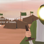Imam Husayn in warrior attire with a sword and shield, set against a desert landscape with tents and flags by Sanadi Publications written by Rola Fahs illustrations by Tatheer Farwa