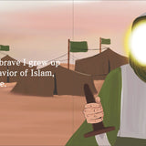 Imam Husayn in warrior attire with a sword and shield, set against a desert landscape with tents and flags by Sanadi Publications written by Rola Fahs illustrations by Tatheer Farwa