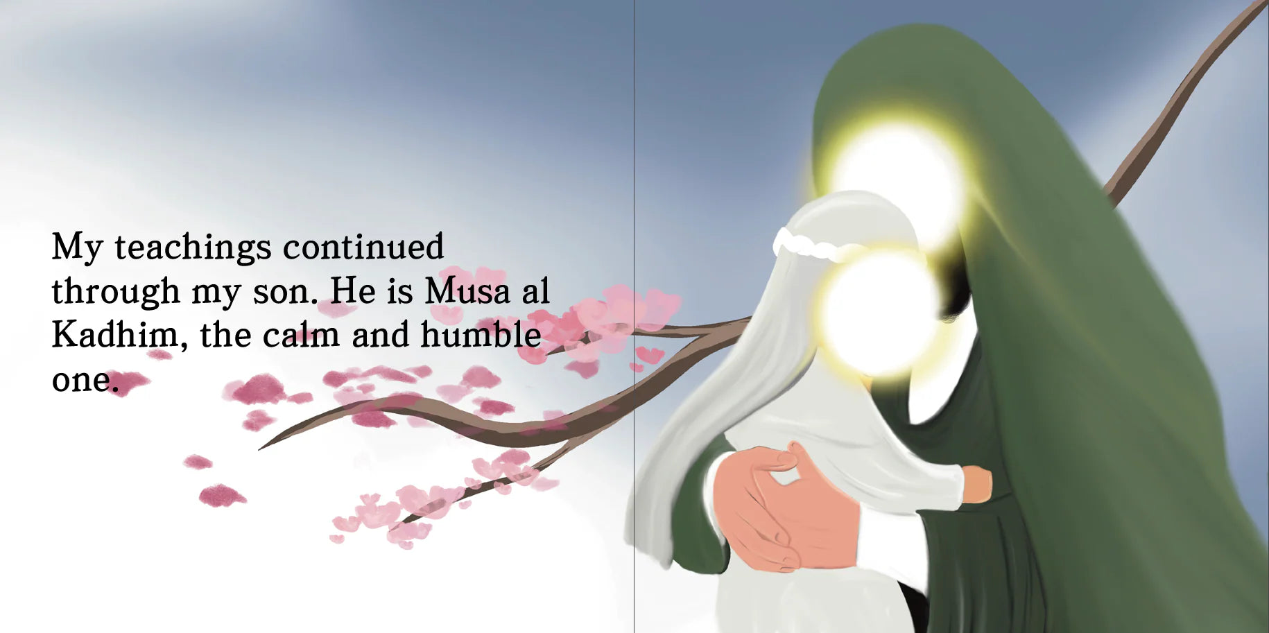 Illustration of Imam Jafar al-Sadiq in a green robe hugging his son, Imam Musa al-Kadhum, with text about teachings and a son named Musa al Kadhim. By Sanadi Publications written by Rola Fahs illustrations by Tatheer Farwa