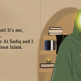 Person in green robe with glowing head, text about Jafar Al Sadiq teaching Islam. By Sanadi Publications written by Rola Fahs illustrations by Tatheer Farwa