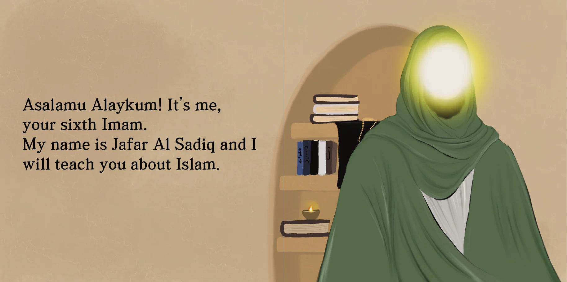 Person in green robe with glowing head, text about Jafar Al Sadiq teaching Islam. By Sanadi Publications written by Rola Fahs illustrations by Tatheer Farwa