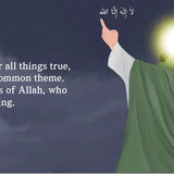 Person in green robe pointing towards a bright light with Arabic text above, and English text below on a dark background. by Sanadi Publications written by Rola Fahs illustrations by Tatheer Farwa