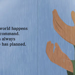 Illustration of outstretched hands with a quote about faith and divine command on a blue background by Sanadi Publications written by Rola Fahs illustrations by Tatheer Farwa