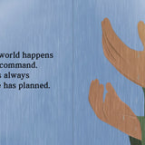 Illustration of outstretched hands with a quote about faith and divine command on a blue background by Sanadi Publications written by Rola Fahs illustrations by Tatheer Farwa