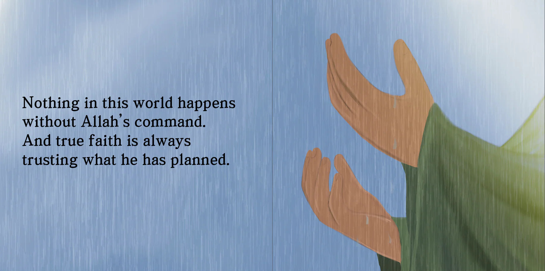 Illustration of outstretched hands with a quote about faith and divine command on a blue background by Sanadi Publications written by Rola Fahs illustrations by Tatheer Farwa