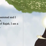 Illustration of a person in religious attire with text about being Muhammad and an Imam, set against a blue sky with a tree. by Sanadi Publications written by Rola Fahs illustrations by Tatheer Farwa