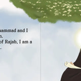 Illustration of a person in religious attire with text about being Muhammad and an Imam, set against a blue sky with a tree. by Sanadi Publications written by Rola Fahs illustrations by Tatheer Farwa