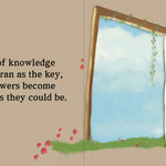 Open book with Quran text, door opening to a garden scene, and motivational quote on a beige background. Imam Muhammad Al Baqir by Sanadi Publications written by Rola Fahs illustrations by Tatheer Farwa