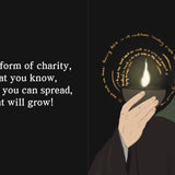 Imam Muhammad Al Baqir illustration holding a light bulb with text about knowledge and charity on a dark background by Sanadi Publications written by Rola Fahs illustrations by Tatheer Farwa