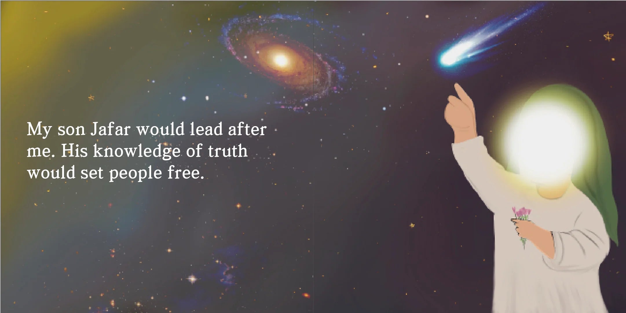 Person pointing at a comet with a galaxy in the background, accompanied by text about a son named Jafar. by Sanadi Publications written by Rola Fahs illustrations by Tatheer Farwa