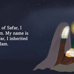 Illustration of a person holding a glowing book with text about being the 7th Imam on a dark background.  Sanadi Publications written by Rola Fahs illustrations by Tatheer Farwa