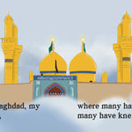 Illustration of Kadhmayn mosque with minarets and domes on a light blue background. Imam Musa al-Kadhim by Sanadi Publications written by Rola Fahs illustrations by Tatheer Farwa