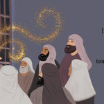 Illustration of a group of people looking through bars towards a light, with text about spreading teachings. Imam Musa al-Kadhim by Sanadi Publications written by Rola Fahs illustrations by Tatheer Farwa